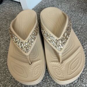 Beige Glitter Thong Croc Sandals for Women
